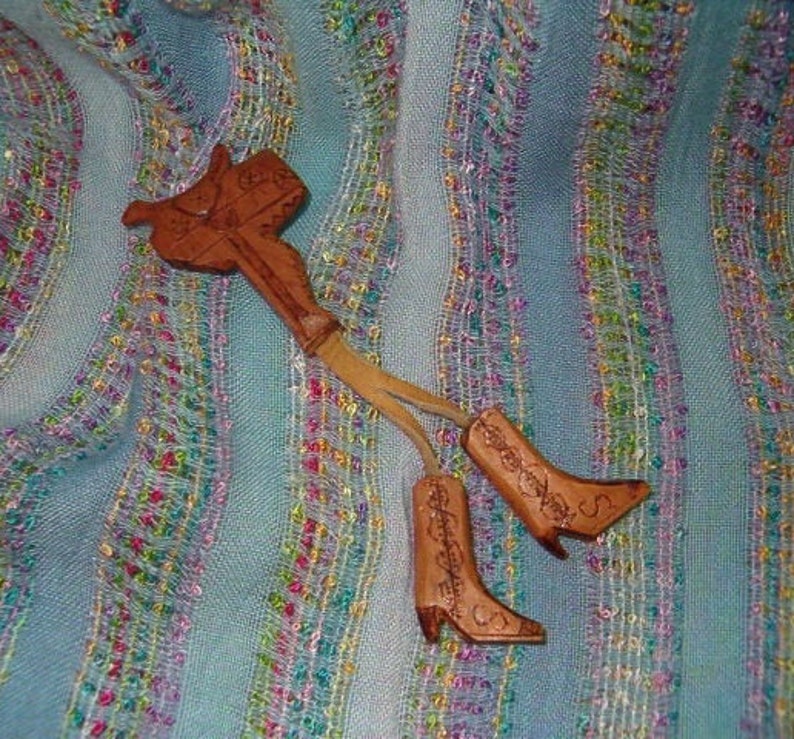Clever Work Saddle w Hanging Boots Pin Hand Carved Spirits of the Hills 1960/'s Wood Carved w Leather Hangings 5 12L Hand Decorated