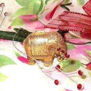 Atomizers & Perfume Bottles, Perfume Holder Golden Elephant, Solid Perfume, Full Perfume, Ruby Eye, Golden Metal, 1.5"L, Perfume Co, 1950's