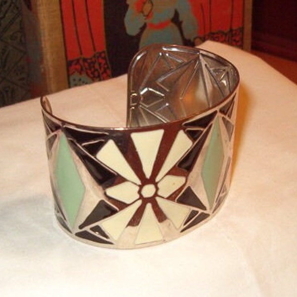 Bracelet, Jewelry, Cuff Bracelet, Silvered Metal, Painted Enamel, White, Black & Light Sea foam Green, Easy to Wear, Wide 1 3/4", Showy
