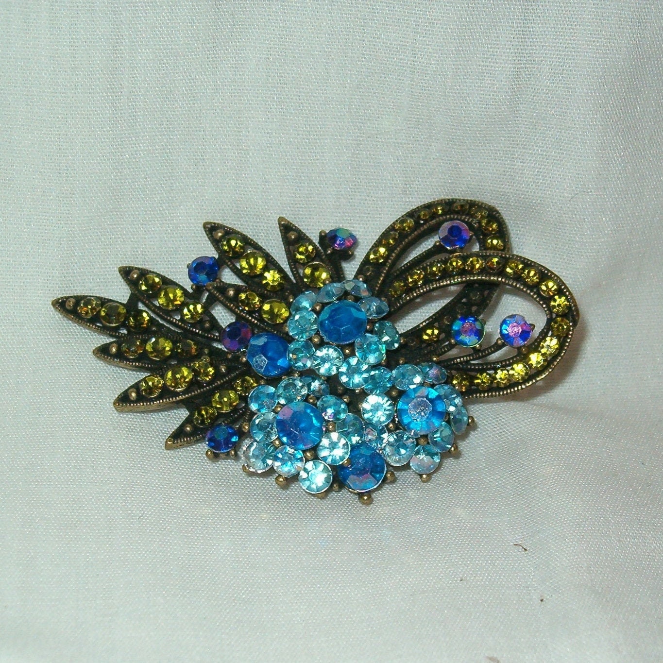 softlychic Sea Shine! Pin Brooch, Aurora Borealis, Yellow, Light, Medium, Dark Blue, Heavy Bronze Metal, Pin or Hang, 2 1/2L, Lovely Design, Jewelry