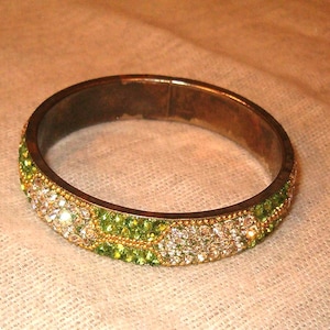 Bangle Bracelet, Light Green and Clear Rhinestones, 2 1/4&quot;Inside Opening, Small Size, Silver Tone Metal, Simply Gorgeous, Jewelry, Bracelet