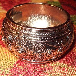 Cuff Bracelet, Bracelets, Jewelry, Huge  1 5/8&quot;W, Thick Heavy Silvered Metal, Black Outlining The Raised Design, Open Wide, Spring Close