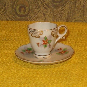 Vintage Tea Cup and Saucer, Miniature, Occupied Japan, 1940's, 2"H, Porcelain, Decorated, Home & Living, Tea Cups and Sets, Drinkware