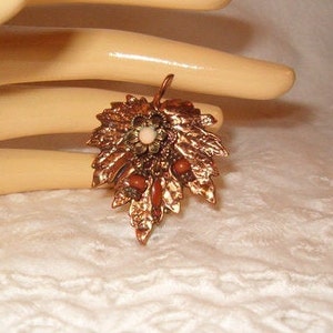 Copper Leaf Brooch, Flowered Dangle Beads,  Shimmery Copper,, 1 1/2&quot;L, Veined Maple Leaf, Nut Colored Dangles, 1970&#39;s