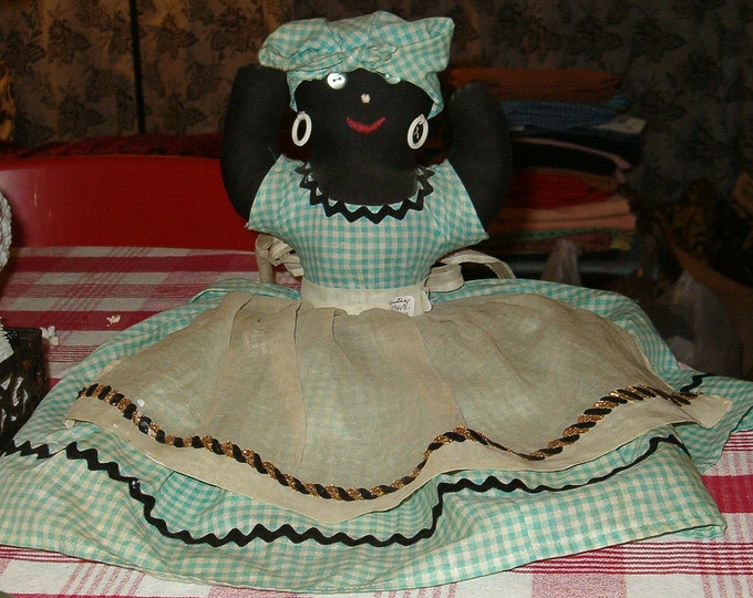 Vintage Mammy Toaster Cover, 1949, Aqua Checked W Double Rick Rack