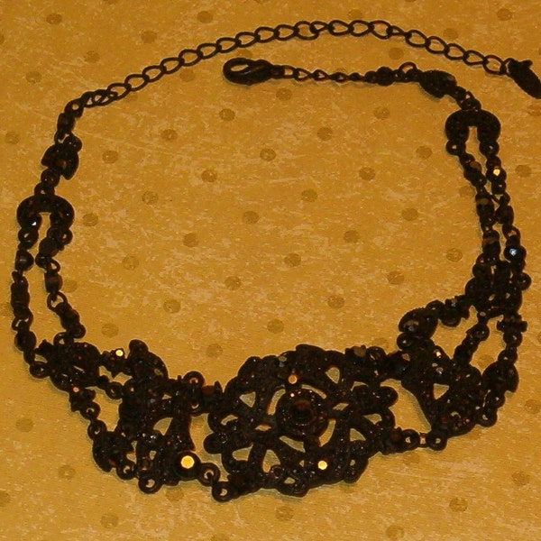 Vintage 80's Ornate Black Metal Choker Necklace, Goth, Wedding, Openwork, Black Glittery Stones, VCLM, Showy