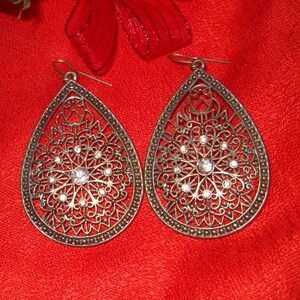Dangle & Drop Earrings, Openwork Teardrops, Shiny Rhinestones, Darkened Metal, Hang 2 1/2&quot;L, Pierced, Jewelry, Earrings,, 1970&#39;s
