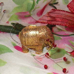 Atomizers & Perfume Bottles, Perfume Holder Golden Elephant, Solid Perfume, Full Perfume, Ruby Eye, Golden Metal, 1.5&quot;L, Perfume Co, 1950&#39;s