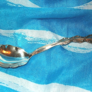May include: A silver spoon with an ornate handle and a scalloped bowl. The spoon is resting on a blue and white striped fabric. The spoon's handle has a detailed, decorative design.