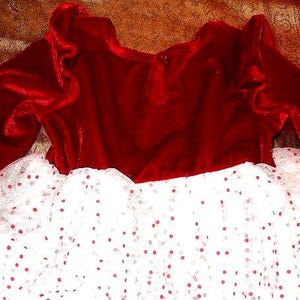 Baby Clothing, Baby Dress, Rose Red Soft Velvet, Long Sleeves, Ruffles, Button Back, White Soft Lace, Sparkle Dots, Under Skirt w Slip, 6/9M