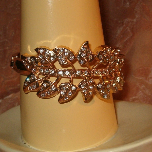 Bangle Cuff Bracelet, Clamper with a Latch, Absolutely Gorgeous, 2 1/4"W at Opening Latched, Rhinestones Galore, Heavy Golden Leaves w Vines