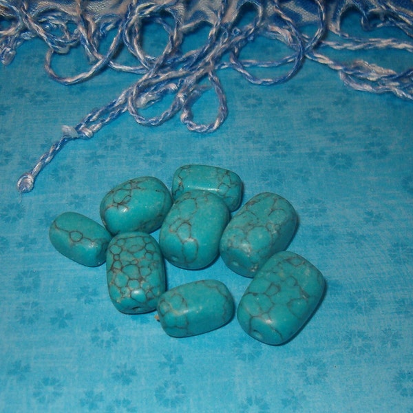 Turquoise Beads, Eight Beads, Black Lines Run Through Them, Largest is Approx 3/4" x 1/2", All Drilled, Ready for Stringing, Loose Beads