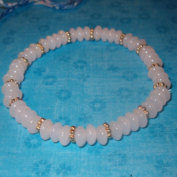 Beaded Bracelet, Opal Glow White Stones, Golden Tone Metal Spacers, Bracelet Stretches to 11"L, Just Lovely, Jewelry, Bracelet, Wedding Nice