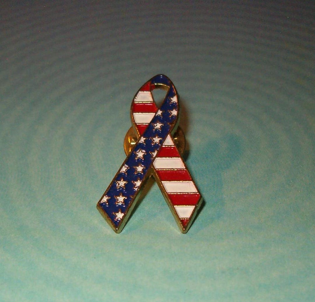 Metal Flag Ribbon Pinback, Red, White and Blue, 1 1/4
