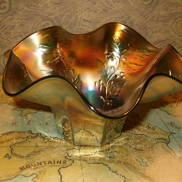 Iridescent Carnival Glass Bowl, Gorgeous, Lovely Leaves and Hanging Buds Design, More than 6"W x Approx 3"H, A Gorgeous Sight, 1950's