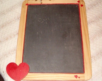 Home and Living, Chalkboard, Wood w Wood Hearts, Black Chalk Paint, Fun for Notes, M & R Toy, Marked Piece, 2 Lg Magnets, Board 9.5 x 7.5"