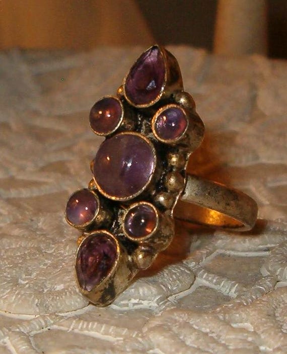 Statement Ring, Smooth Amethyst Stones, Silvered … - image 3