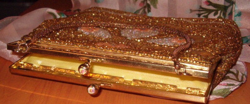 Ornate Metal Holder Completely Beaded Evening Bag Aurora Borealis Kiss Latch Natural Echos Italian Chain Handle 1960s Covered w Beads