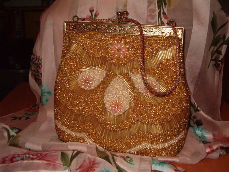 Ornate Metal Holder Completely Beaded Evening Bag Aurora Borealis Kiss Latch Natural Echos Italian Chain Handle 1960s Covered w Beads