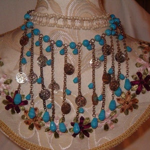 Gate of Secrets!  Beaded Necklace, Turquoise Glass Beads, Oodles of Beads, Hanging Chains, Coin Discs of Time Past, 21&quot;L, 3.5&quot;Extend, 1960&#39;s