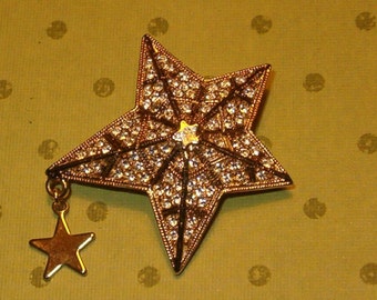 Brooch, Kirk's Folly Shooting Star Pin, Jewelry,  Pave Rhinestones, Golden Metal, 1 7/8"W, w Dangle Star