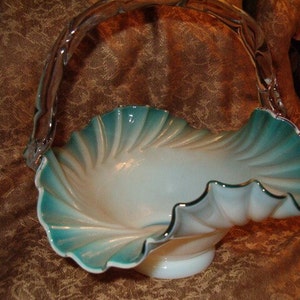 Sheer White Opalescent Glass Basket, Blue Green Kissed Edges, Clear Applied Handle, 8.5"W, 7.5"H, Wedding Basket, Art & Collectibles, Glass,