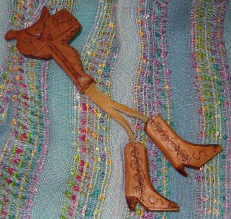 Clever Work Saddle w Hanging Boots Pin Hand Carved Spirits of the Hills 1960/'s Wood Carved w Leather Hangings 5 12L Hand Decorated