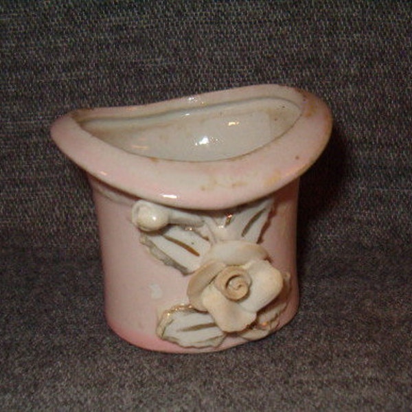 Chic Adornments, Toothpick Holder, Older Piece, Iridescent Porcelain, Stand Out Flower w Leaves n Berry, Palest Pink, 2"H, Hat Shape, 1930's