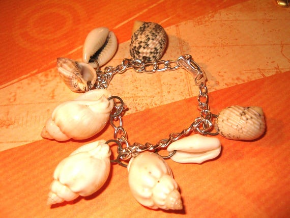 Shell Bracelet, Shells, Silver Tone Chain, Marked… - image 1