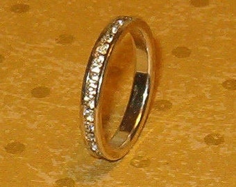 Promise Ring Eternity Band Pave Rhinestones Inset All Around, sz 7 to 7 1/2, Silvertone Metal
