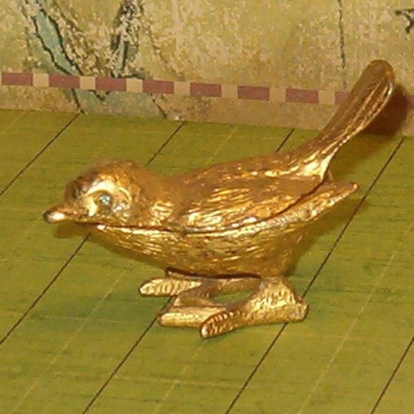 Golden Metal Bird Box w Tiny Golden Pincher Perhaps for Sweetners or Cigarettes,  Rhinestone Green Eyes, 2.75"L