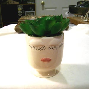 May include: A small, off-white ceramic planter shaped like a face with closed eyes and red lips. The planter holds a green succulent plant. The planter has a pedestal base.