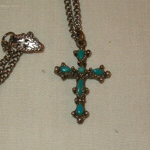 Tiny Turquoise Cross, Set in Old Silver Tone Metal, 1&quot;L, Very Old and Pretty, 17&quot;Chain of Old Silver Tone Metal w Latch, 1960&#39;s or Earlier