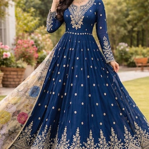 Navy Blue Anarkali Gown for Women | Embroidered Indian Dress | Wedding Party Wear Anarkali | Long Ethnic Gown with Dupatta