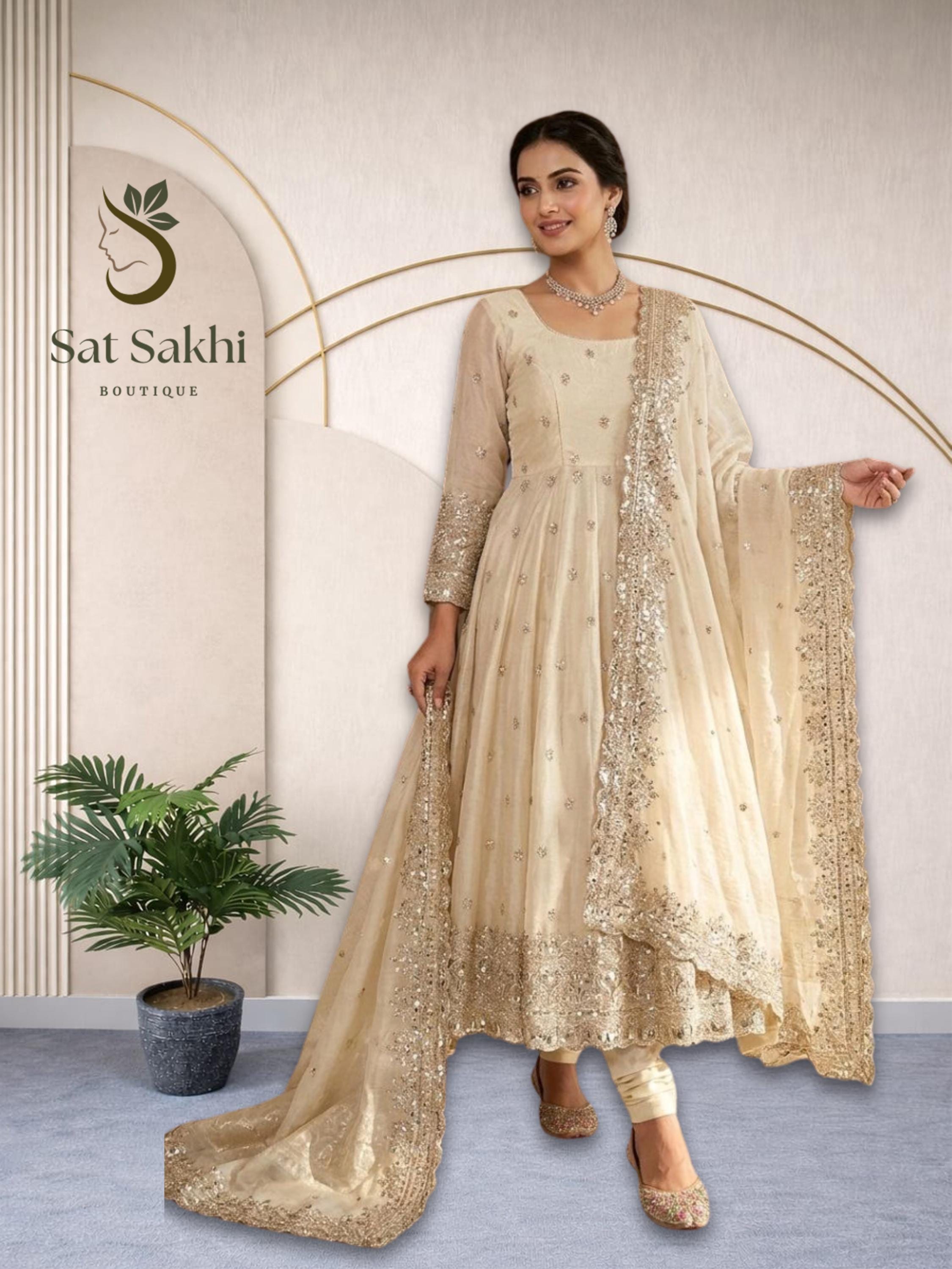 white christmas dresses Cream White Georgette Zarkan Anarkali main image 0