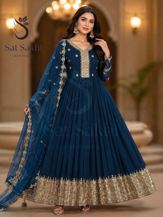blue ethnic dress for women Navy Anarkali Gown Women, Designer Party Wear Dress, Embroidered Long Gown With Dupatta, Indian Wedding Outfit Cotton dress Size:2XL (18) adela Sequins Navy Blue Baby Faux Georgette