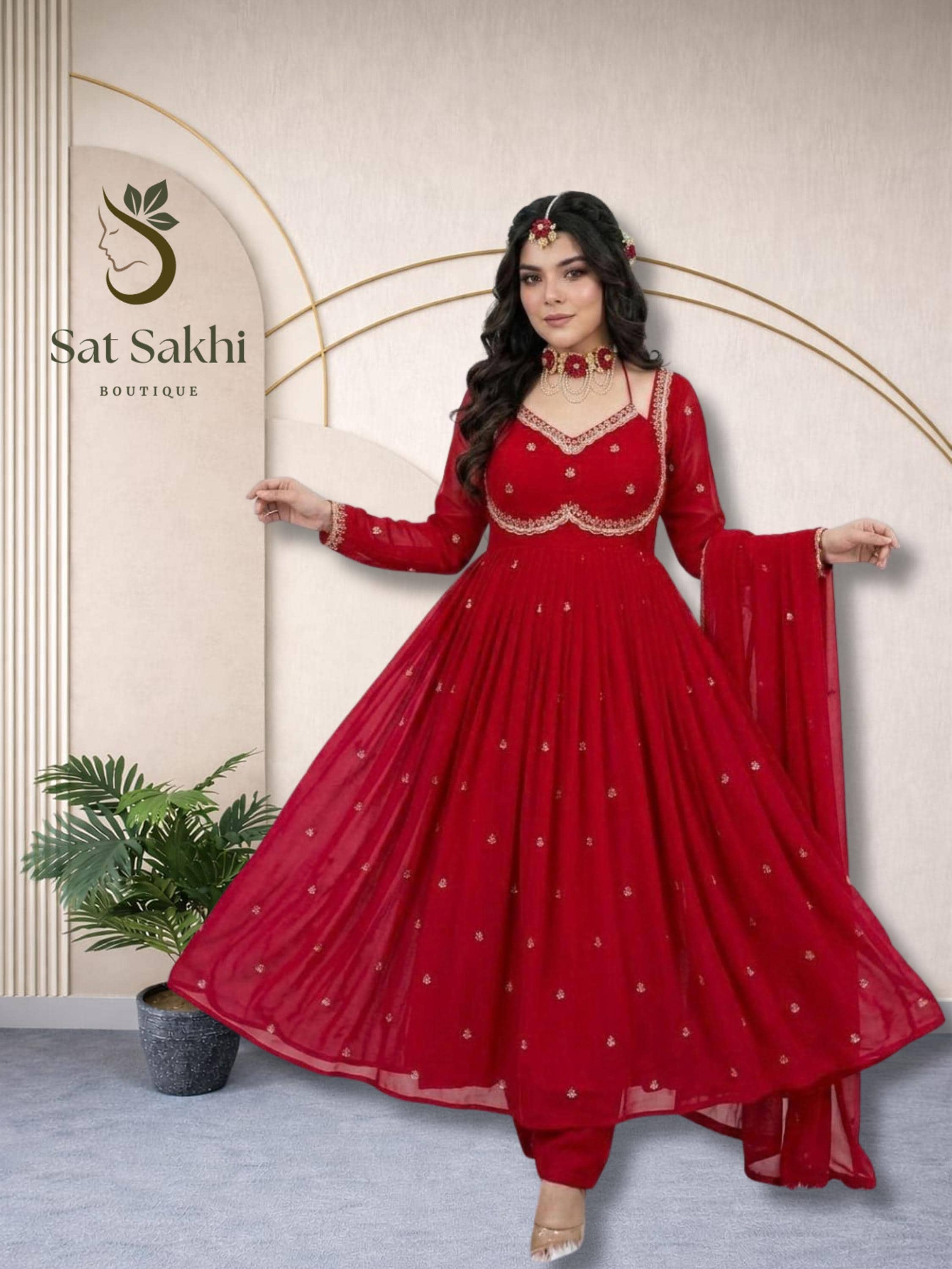 chinese dress ladies Georgette Embroidery Dress with Dupatta & Belt| Party Wear| Bollywood   siyarasfashionhouse