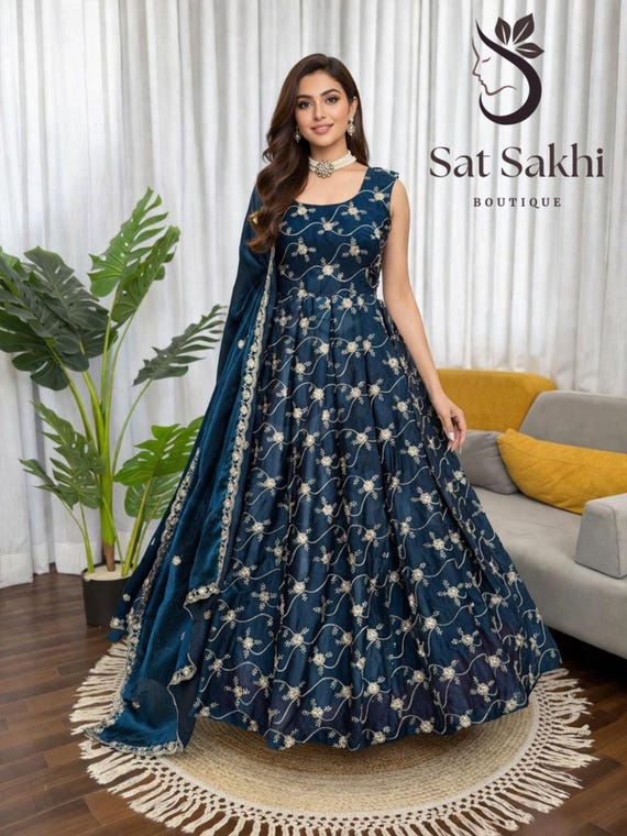 designer anarkali dress for wedding Navy Blue Gown with Dupatta, Indian Party Wear Dress, Embroidered Evening Gown, Guest Outfit Women Size:42W anarkali suit design Ednis Side Cut Out Midi Dress Black Illusion Sleeve Two-piece