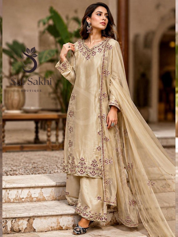 beige color dress pakistani Champagne Salwar Suit for Women, Embroidered Silk Kurta Palazzo Set With Dupatta, Indian Wedding Party Wear Outfit Size:S (1-3 yrs.) This Nude Beige Chiffon cm25-featured-b What should a mother