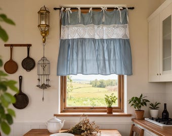 Blue Heart Lace Cotton Curtain, Romantic Light Filtering Kitchen Door Decor