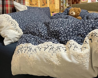 French Princess Floral Lace Duvet Cover Only – Delicate Tulle Romantic Vintage Bedding