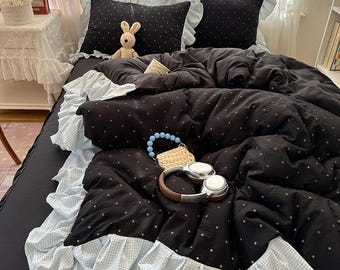 Polka Dot Lace Duvet Cover Only – Black Dorm Bedding, Student Friendly Quilt
