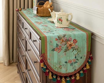 Vintage Floral Tassel Table Runner – Green Vine Polyester Decor