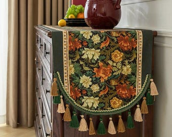 Green Vintage Tassel Table Runner – Long Dining Table Cloth for Home, Restaurant, Entryway Decor