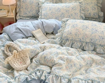Vintage Blue Floral Ruffle Bedding Set | Shabby Chic Cottage-core Duvet Cover