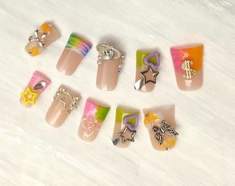Handmade Dopamine Y2K Press On Nail Set | 10Pcs Medium Square Rainbow Gradient Star Heart Reusable Fake Nails