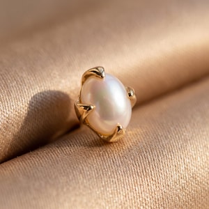 Tiny Four Prong Natural Pearl Stud Earrings, 18K Gold Plated Mini Oval Pearl Earrings, 925 Silver Posts Dainty Stackable Pearl Studs