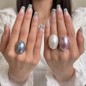 Elegant Natural Mabe Pearl Statement Open Ring, 3 Shades White Blue Purple, Gold Silver Adjustable Ring, Unique Birthday, Bridal Gift for Her