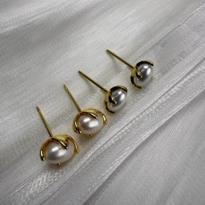 Tiny Four Prong Natural Pearl/Composite shell bead Stud Earrings, Mini Oval Pearl Earrings, 925 Silver Posts Dainty Stackable Pearl Studs image 4