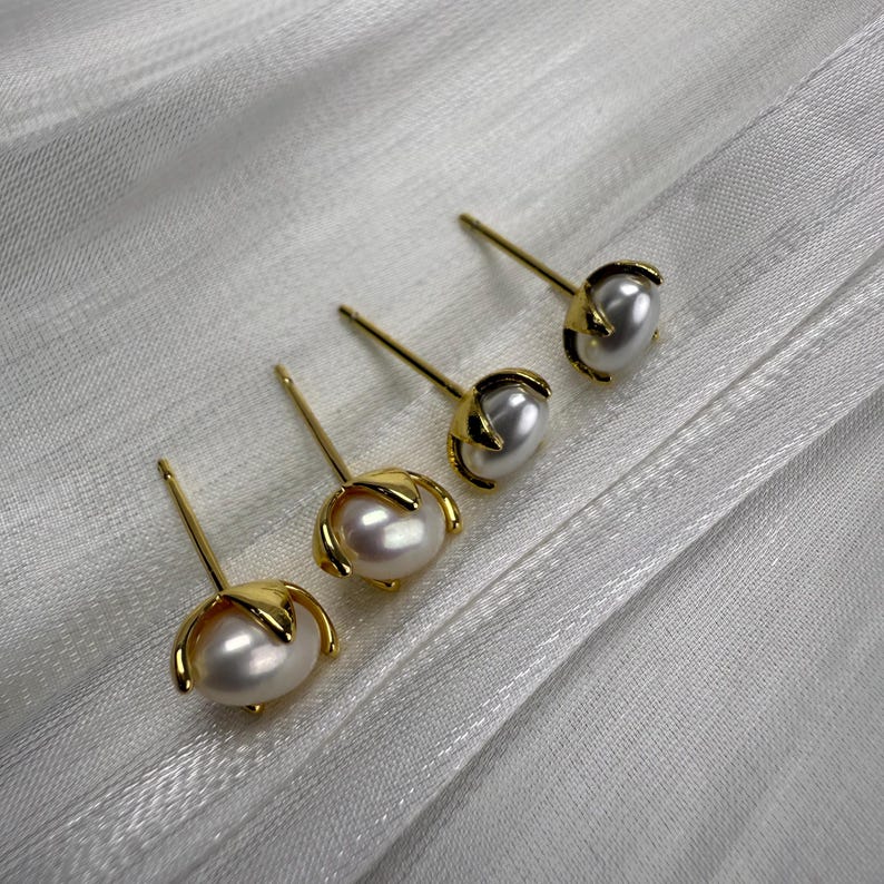 Tiny Four Prong Natural Pearl/Composite shell bead Stud Earrings, Mini Oval Pearl Earrings, 925 Silver Posts Dainty Stackable Pearl Studs image 4